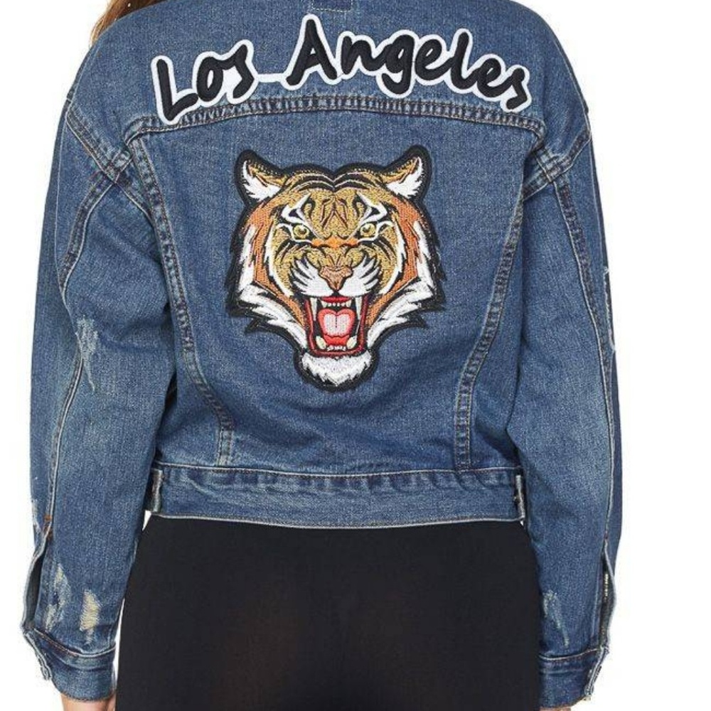 Los Angeles Tiger Denim Jacket/ Patch Jean Jacket - Picture 4 of 8